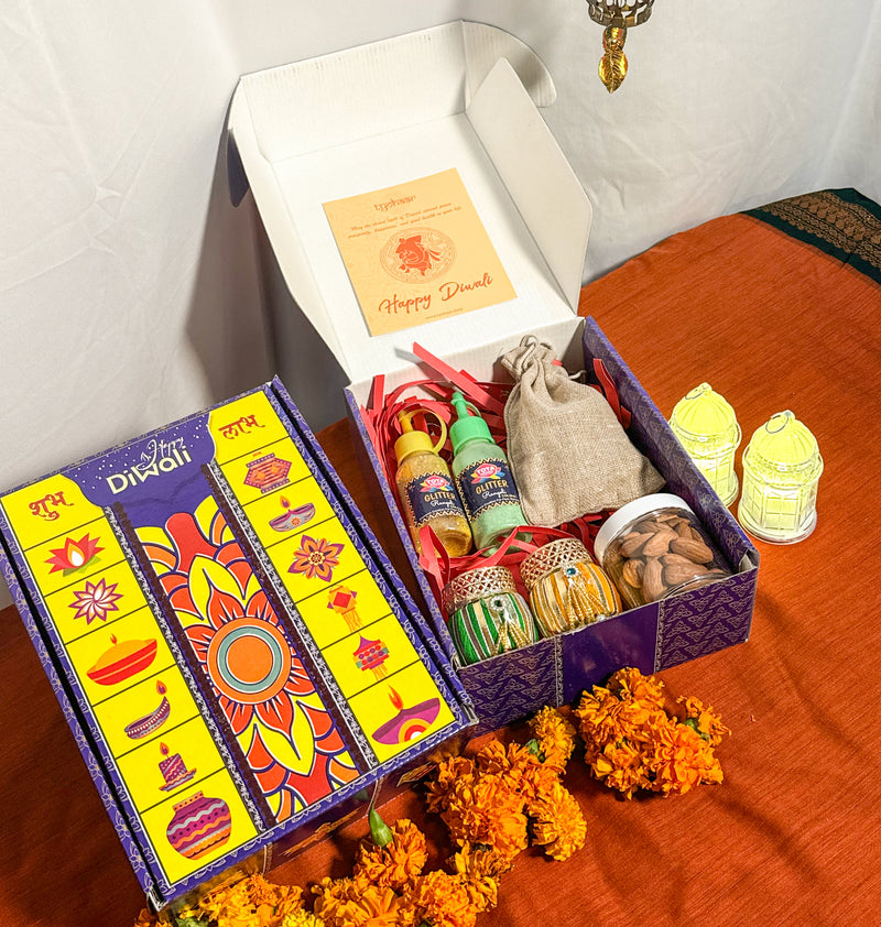 Diwali Gift Hamper - Blue Box with Handmade Candle Holder