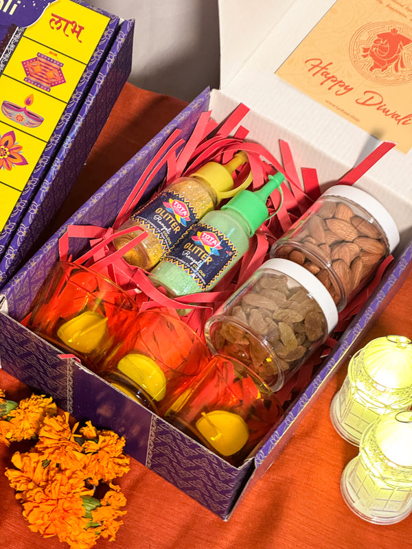 Diwali Gift Hamper - Blue Box with Glass Tea Holders