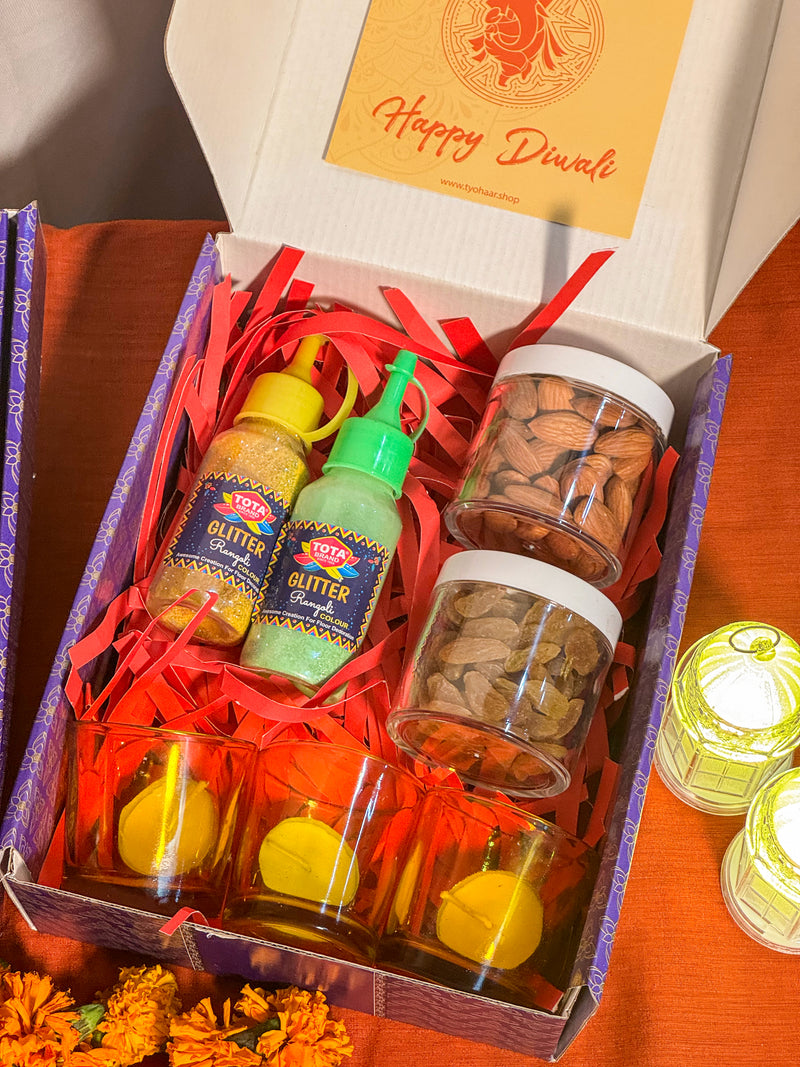 Diwali Gift Hamper - Blue Box with Glass Tea Holders